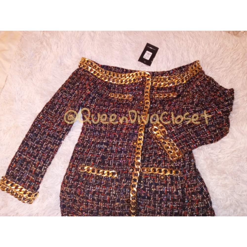 Tweed gold chain off shoulder blazer maxi dress L - Picture 4 of 8
